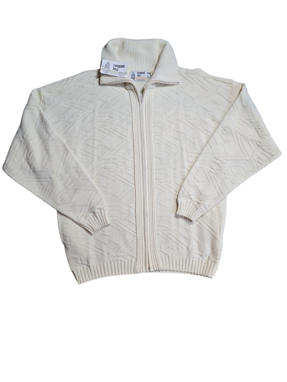 VINTAGE Deadstock London Fog Zip Up Cable Knit Cardigan‎ XL Ivory